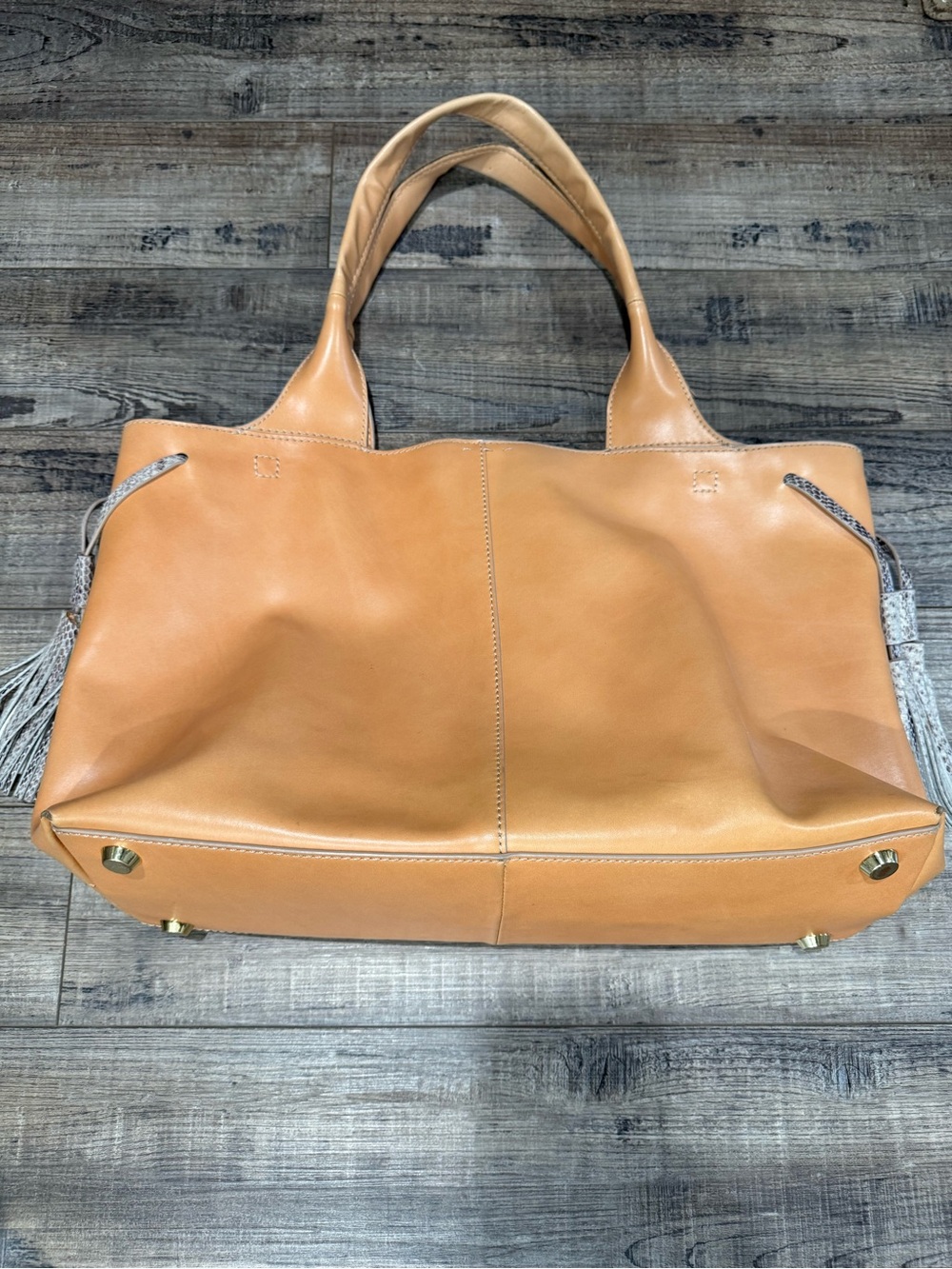 Vince Camuto Camel Leather Tote with Tassel Accents